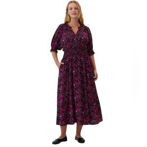 GAP Short Sleeve Midi Dress M Black Pink Floral Ruffle Smocking Boho Teacher